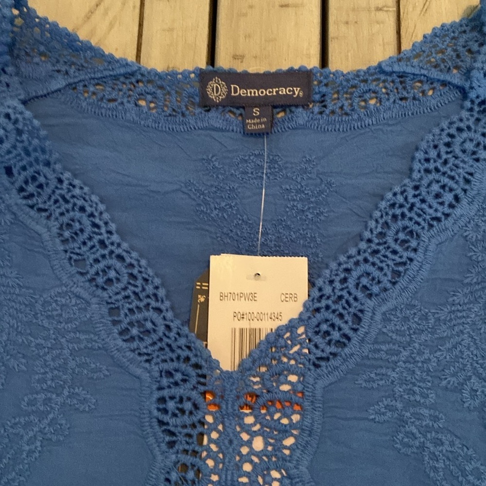 Democracy Woven Cotten Crochet Trim Peplum Top Cerulean Blue S - Picture 8 of 16